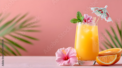 Refreshing tropical cocktail garnished with vibrant flowers and a decorative umbrella, set against a soft pink background with palm leaves. Selective focus