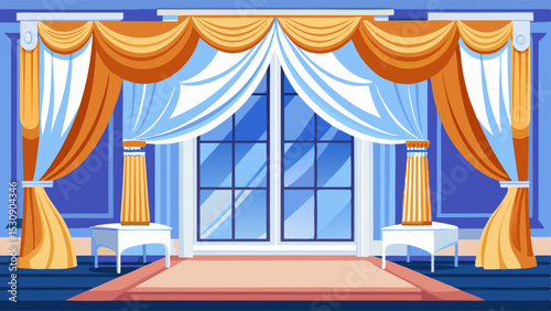 Royal Palace Interior with Curtains and Columns – Cartoon Vector Illustration