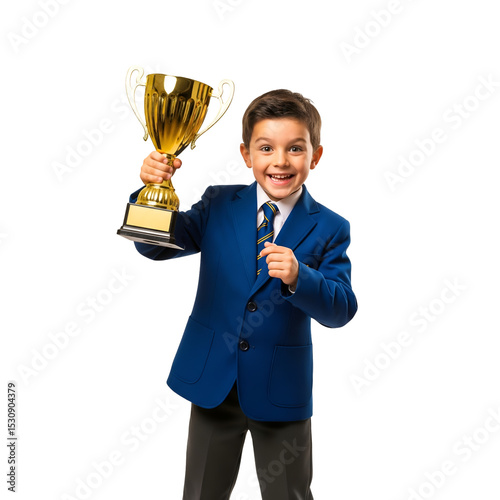Delighted Young Boy in School Uniform Holding a Golden Trophy isolated on a transparent background 