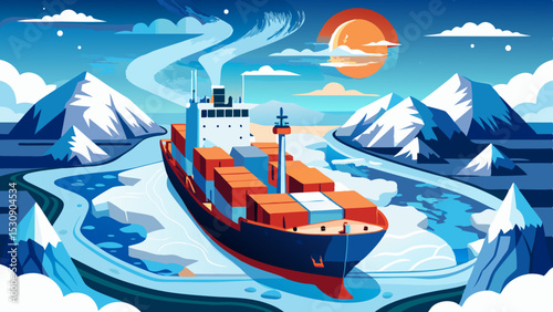 Cargo Ship in Arctic Waters – Colorful Vector Illustration of Ice Shipping Route