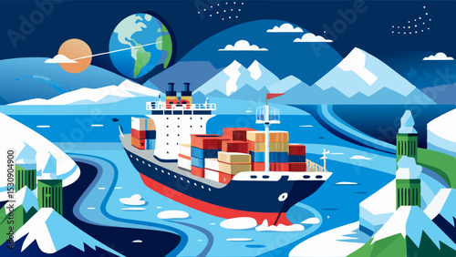 Cargo Ship in Arctic Waters – Colorful Vector Illustration of Ice Shipping Route