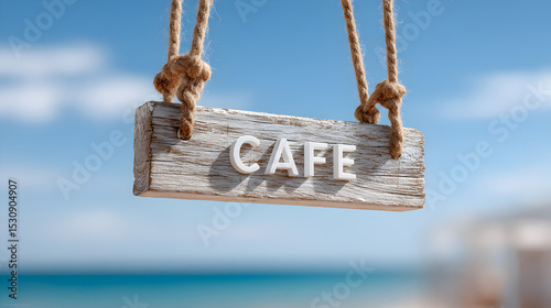 Wooden cafe sign hanging with ropes against a blurred beach background, evoking a relaxed coastal atmosphere and inviting ambiance for visitors. Selective focus