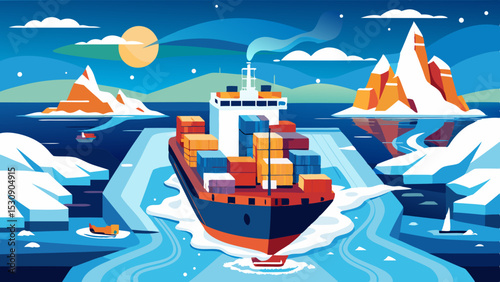 Cargo Ship in Arctic Waters – Colorful Vector Illustration of Ice Shipping Route