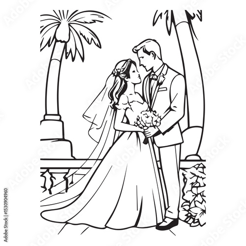 A romantic couple in wedding attire at a tropical ceremony. A bride and groom lovingly embrace at a beachside wedding, with palm trees and a cake in the background.