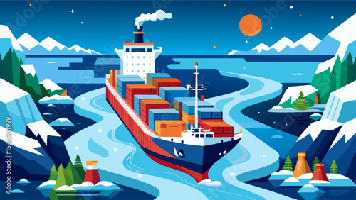Cargo Ship in Arctic Waters – Colorful Vector Illustration of Ice Shipping Route
