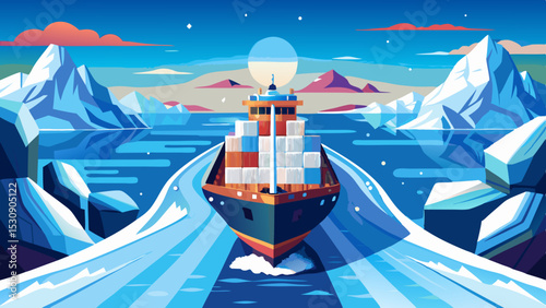 Cargo Ship in Arctic Waters – Colorful Vector Illustration of Ice Shipping Route