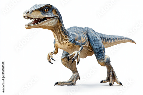 Detailed Rendering of a Blue and Beige Raptor Dinosaur with Sharp Claws on White