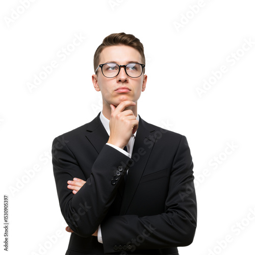 Thoughtful Professional in Black Suit with Glasses, Pensive Pose Against White Background.