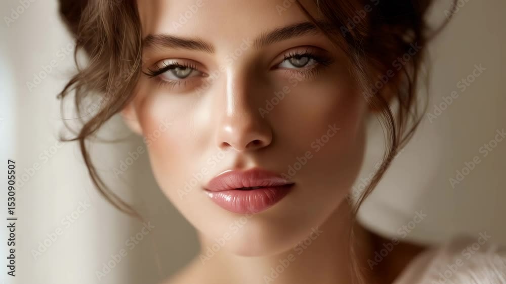 Beautiful woman portrait soft natural light, closeup of gentle expression and smooth skin, young feminine beauty with brown hair and blue eyes, serene mood and delicate makeup, healthy complexion