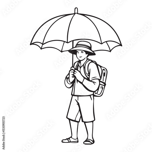 Young male tourist holding umbrella while hiking/traveling. Outdoor activity with casual attire and backpack. Young male backpacker in a tourist location -