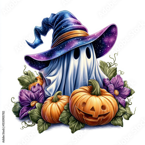 Whimsical Ghost in Witch Hat Surrounded by Pumpkins and Flowers