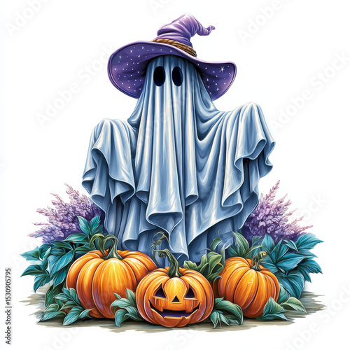 Halloween Ghost in Witch Hat Surrounded by Pumpkins and Foliage