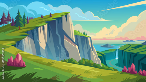 Scenic Cartoon Landscape of Rocky Cliffs and Green Fields – Nature Illustration
