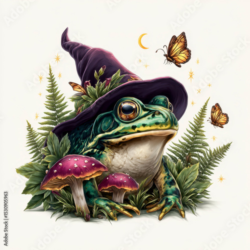 Enchanting Frog Wearing Wizard Hat Surrounded by Butterflies and Plants