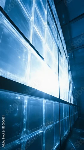 Blue Glass Wall Reflects Light in Modern Space