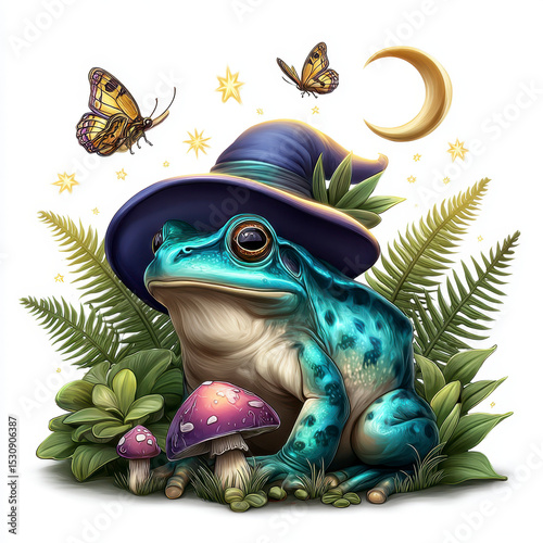 Whimsical Frog Wearing a Hat Among Butterflies, Ferns, and Magical Symbols