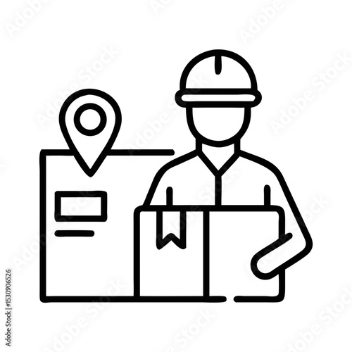 Delivery courier holding a package with location marker in urban space  