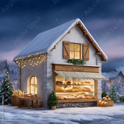 Charming Snowy Bakery with Warm Lights and Fresh Bread Display
