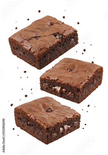 Delicious chocolate brownies with chocolate chips and filling, levitating in a delightful display.