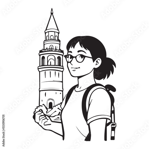 Young woman in casual clothing viewing historical landmark in city. Smiling, standing beside tall tower, tourist attraction, student/tourist in Istanbul, Turkey.