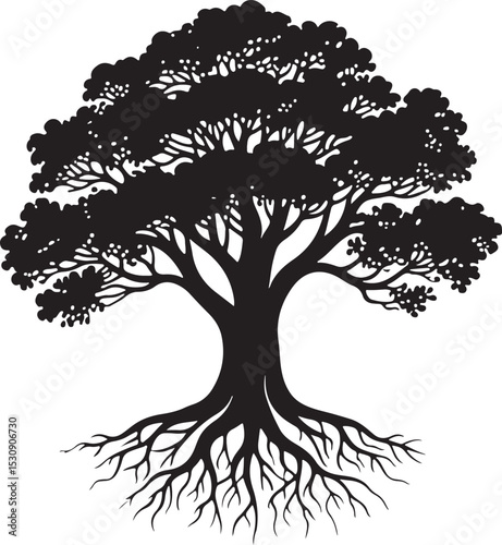 Mature Tree with Roots and Canopy Silhouette Vector Illustration