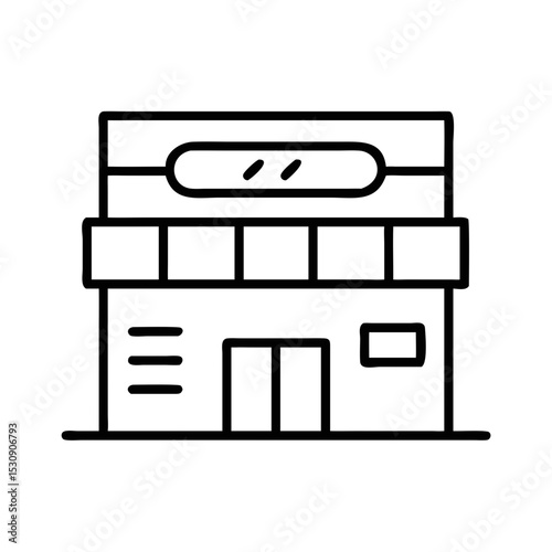 Simple line drawing of a store building in urban space  