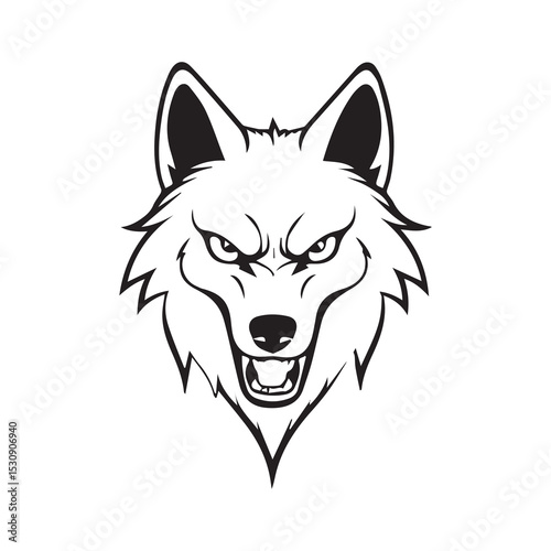 Angry wolf head graphic in black and white. Aggressive stance with open mouth and intense eyes. Generic graphic element for commercial or editorial use.