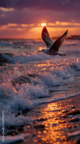 Seagull soaring above ocean waves at sunset, capturing the vibrant colors of the sky and water, creating a serene coastal atmosphere. Selective focus