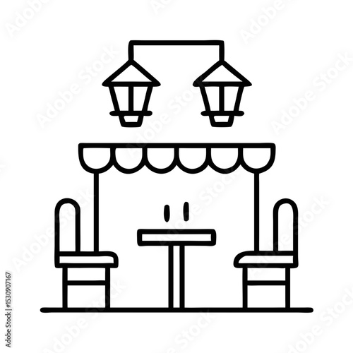 Clean line art of street café with lanterns and seating arrangement  