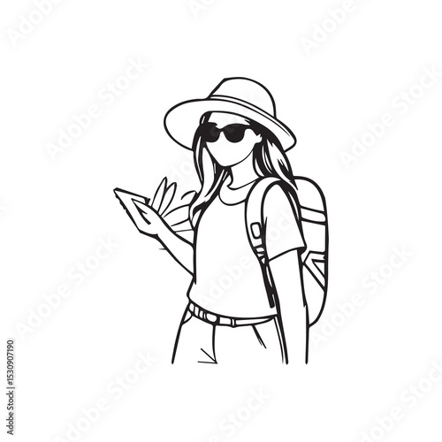 Young woman in a hat and sunglasses, wearing a t-shirt and jeans, with a backpack, holding a phone, exploring a location. Active female tourist checking map or directions in a city.