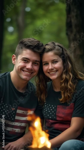 A happy couple wearing American flag t-shirts share a moment by a campfire, showcasing their patriotism and connection to outdoor culture