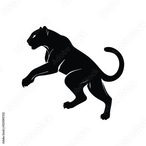 Black panther silhouette in dynamic leaping pose against a plain white background. Powerful animal stance in a bold, graphic design style.