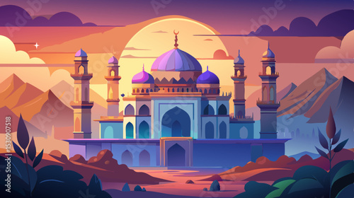 Fantasy Palace at Sunset – Vibrant Middle Eastern Architecture Illustration