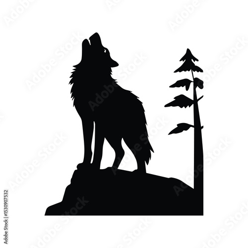 Black and white silhouette of a wolf howling on a rock overlooking a pine tree. Wildlife animal illustration with nature background.