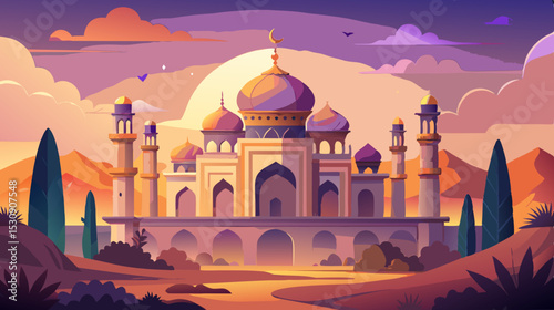 Fantasy Palace at Sunset – Vibrant Middle Eastern Architecture Illustration
