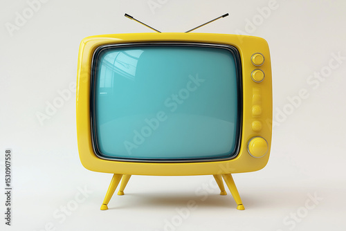 Retro Yellow Television Set With Antenna and Blue Screen, Placed on a White Background