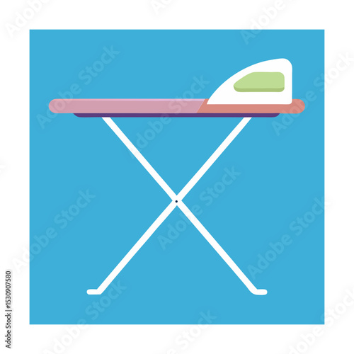 Flat illustration of an iron and ironing board on a bright blue background