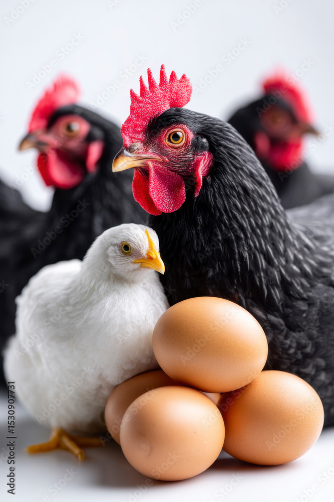 Fototapeta premium Close-Up of Chickens with Eggs Displaying Farm Freshness and Rural Life