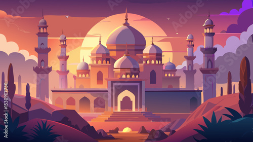 Fantasy Palace at Sunset – Vibrant Middle Eastern Architecture Illustration