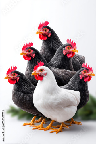 Group of Chickens with White and Black Feathers in Close Arrangement