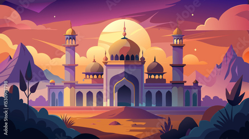 Fantasy Palace at Sunset – Vibrant Middle Eastern Architecture Illustration