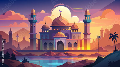 Fantasy Palace at Sunset – Vibrant Middle Eastern Architecture Illustration