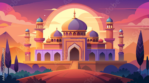 Fantasy Palace at Sunset – Vibrant Middle Eastern Architecture Illustration