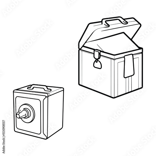 Line drawing of two open storage containers with handles in a studio setting. One is a typical box shape, and one has a more secure, boxy appearance.