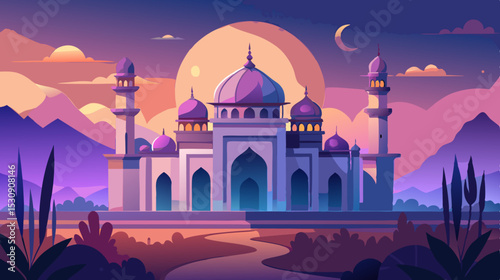 Fantasy Palace at Sunset – Vibrant Middle Eastern Architecture Illustration