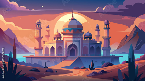 Fantasy Palace at Sunset – Vibrant Middle Eastern Architecture Illustration