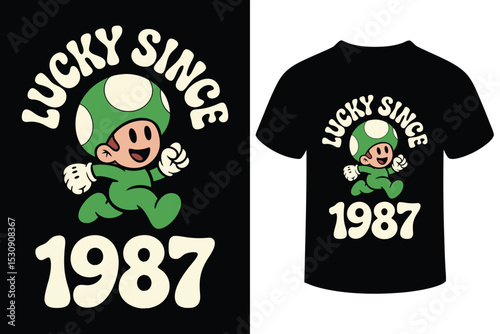 Lucky Since 1987 Cartoon Mushroom Character T-Shirt Design
