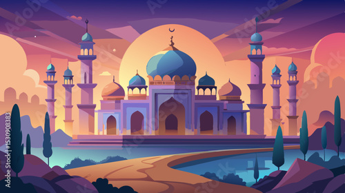 Fantasy Palace at Sunset – Vibrant Middle Eastern Architecture Illustration