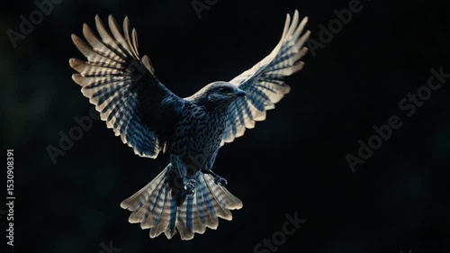 A majestic bird in mid-flight, showcasing its vibrant feathers against a dark backdrop