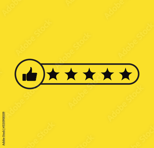 Five Star Rating with thumbs up icon. Rating stars customer positive feedback for quality service. Consumer or customer review rating icon vector.  Product Positive review of customer Survey. Eps 10
